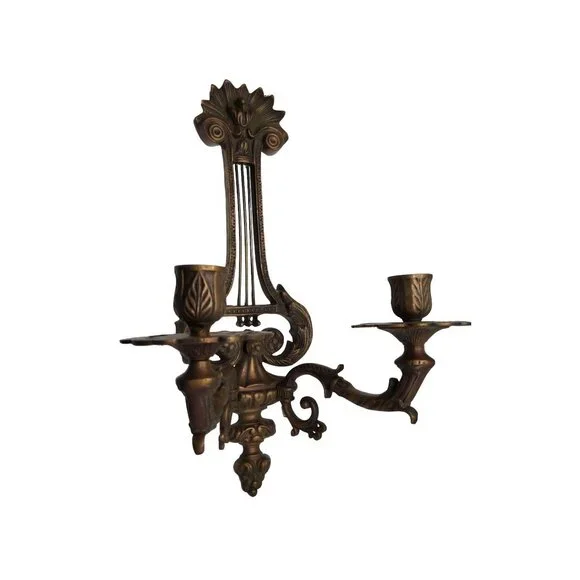 vintage early century heavy bronze ornate musical instrument theme candle sconce